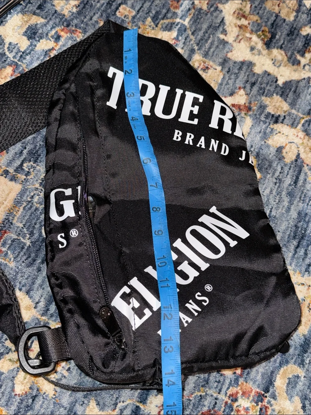 True Religion Black and White Logo Sling Crossbody Zippered Bag
